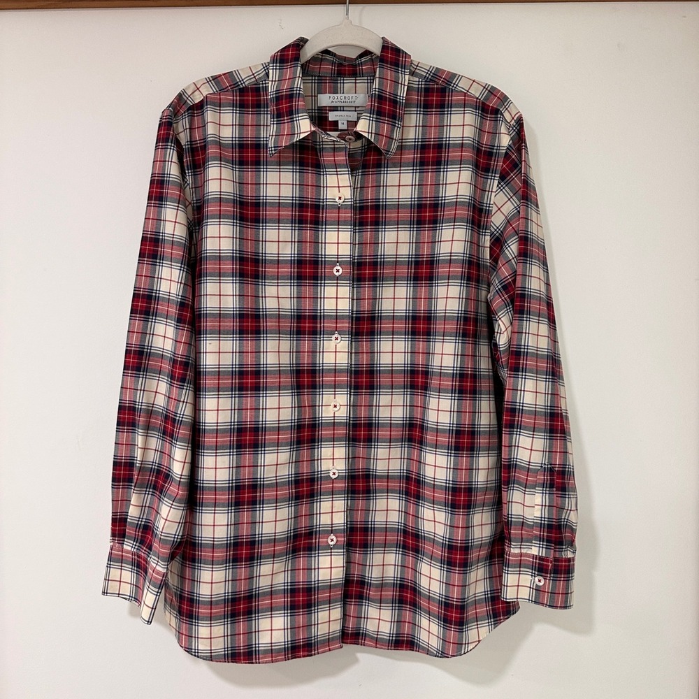 Foxcroft Appleseeds Plaid Button Down Women 14 Red White Blue Wrinkle Free